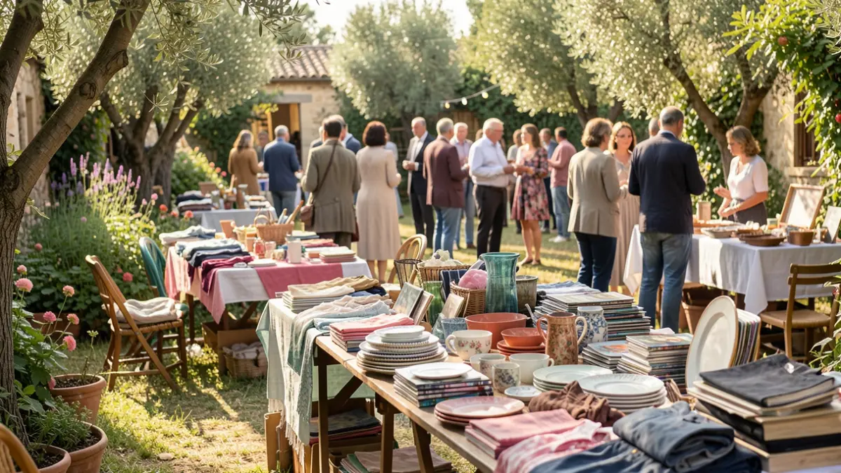 Generic image of a flea market in a garden with second-hand items and visitors.