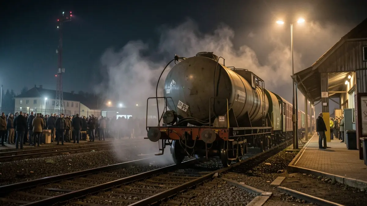 Generic image of a shunting yard at night, with a damaged tanker wagon.