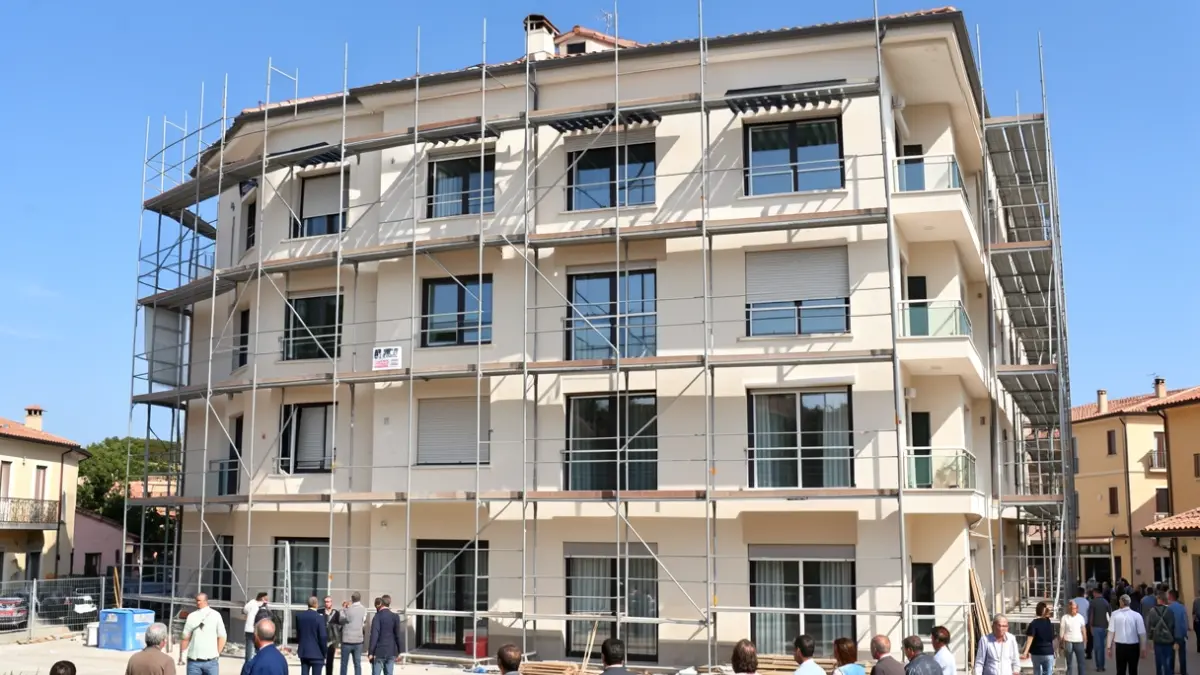 Generic image of apartment building renovation in Southern France, showing scaffolding and visible construction work.