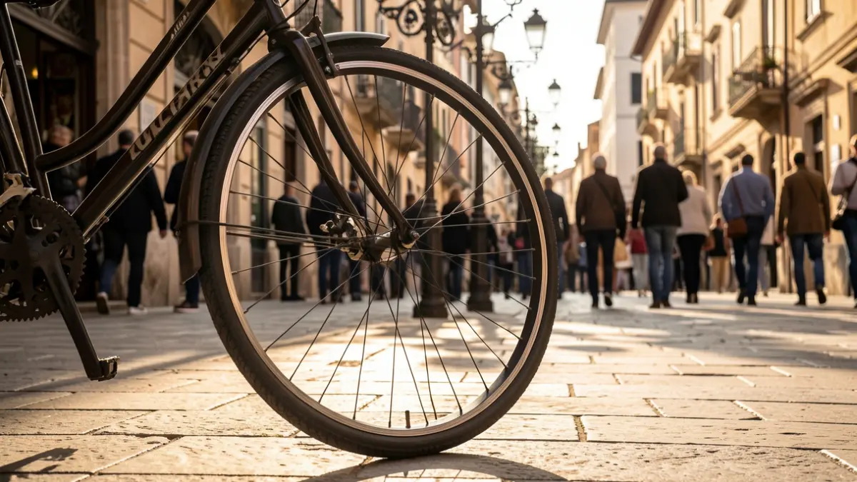 Generic image of a bicycle wheel parked on a paved sidewalk in a Mediterranean town, warm afternoon light.