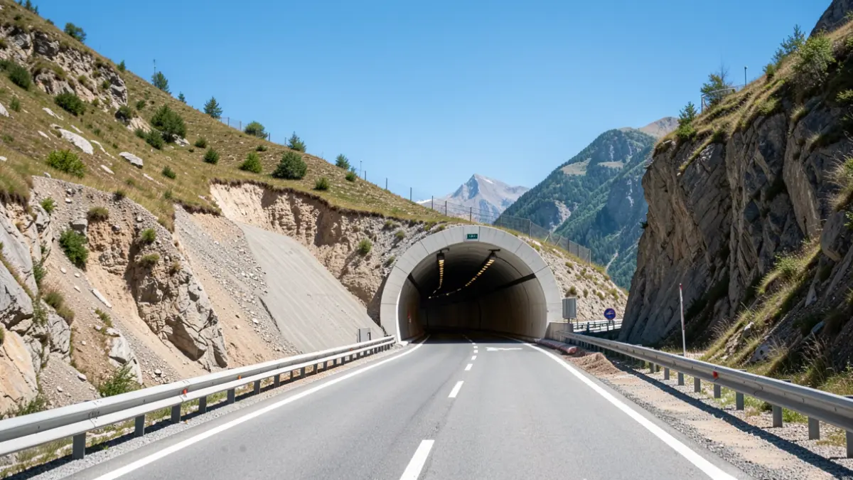 Generic image of a mountain tunnel entrance in the Southern Alps, featuring a modern road and a blue sky.