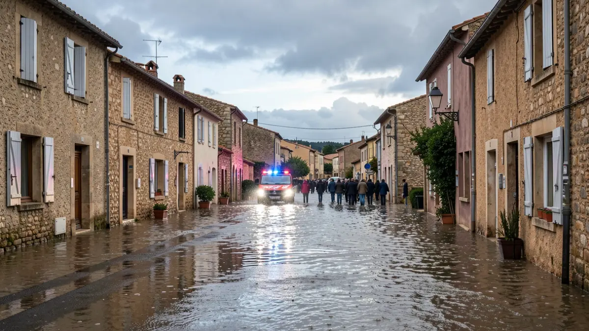 Generic image of a flooded street in a southern French village, with clearing clouds and emergency lights.