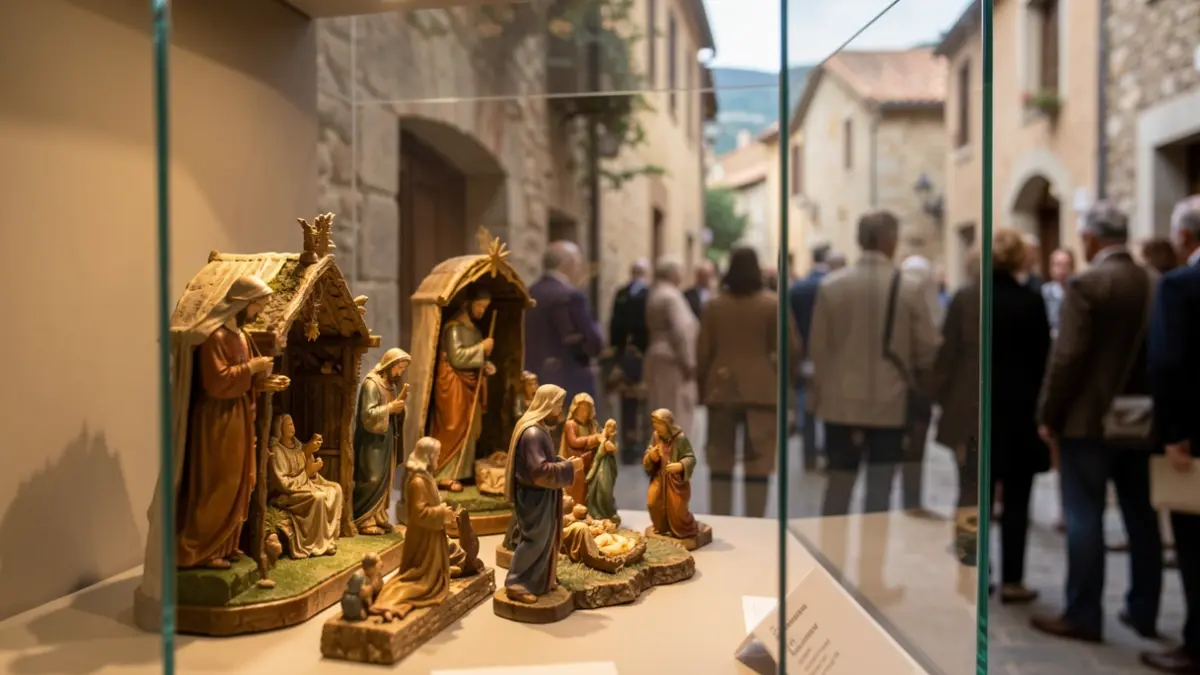 Generic image of Christmas nativity scenes displayed in a museum, with a blurred village street in the background.