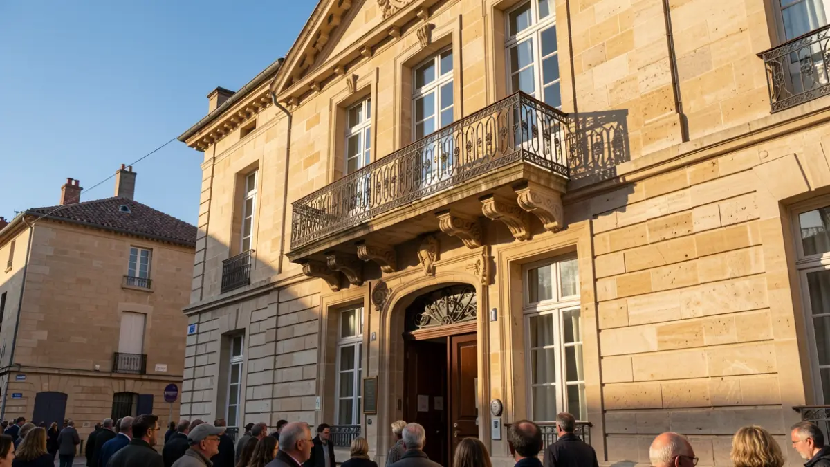Image générique de la façade d'un bâtiment administratif public dans le sud de la France, avec un balcon orné et des ombres portées par le soleil.