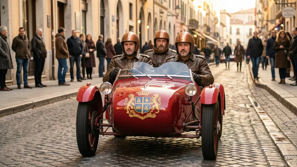 Generic image of a vintage scarlet sidecar with three firefighters in uniform, driving on a street in Nice.