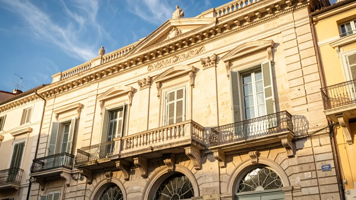 Image générique de la façade d'un bâtiment municipal dans le sud de la France, avec des éléments architecturaux traditionnels et un ciel ensoleillé.