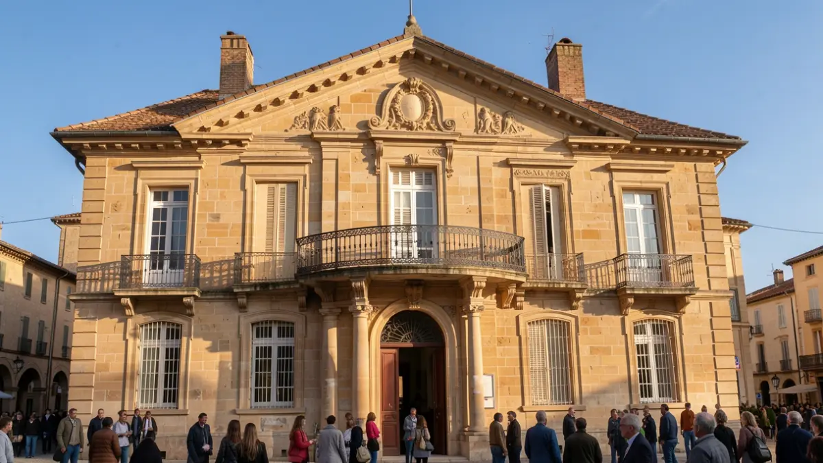 Façade de l'Hôtel de Ville d'Arles, architecture provençale, ensoleillée.