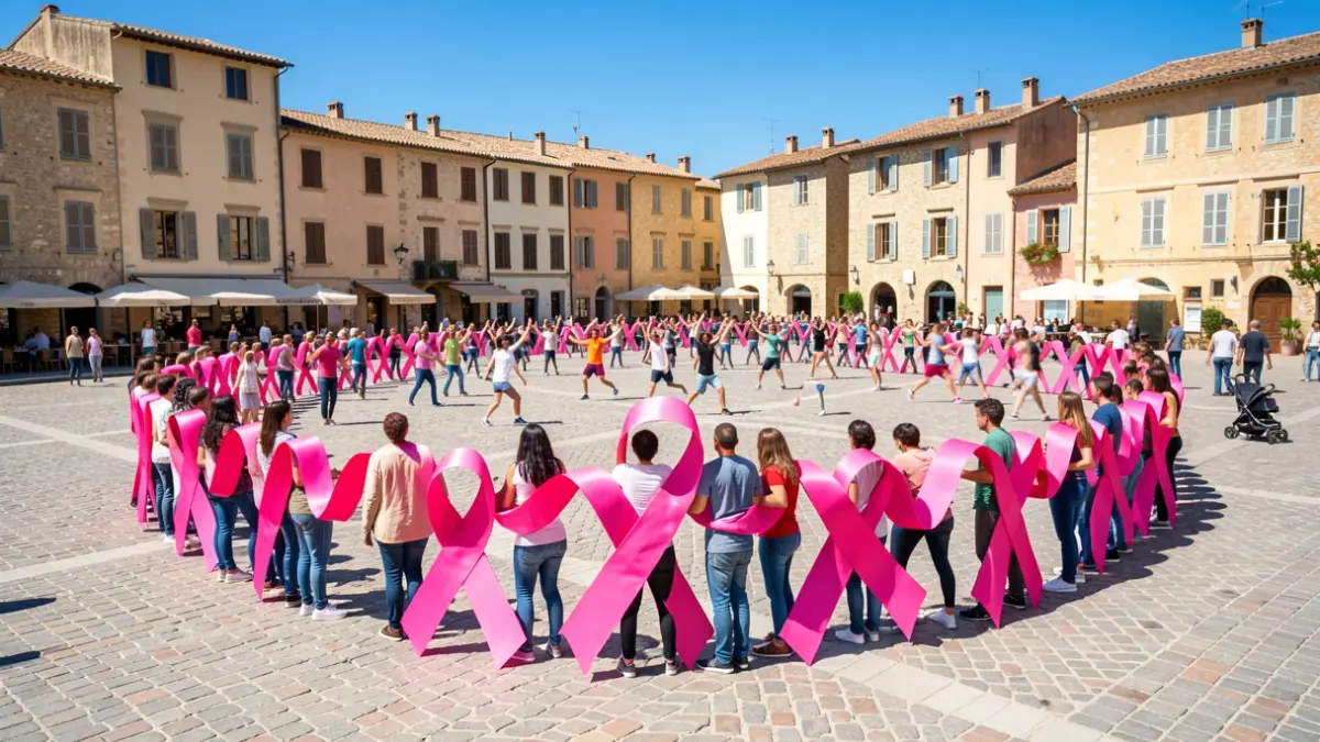 Ruban humain rose formant un symbole de solidarité sur la place d'Allauch lors d'Octobre Rose.