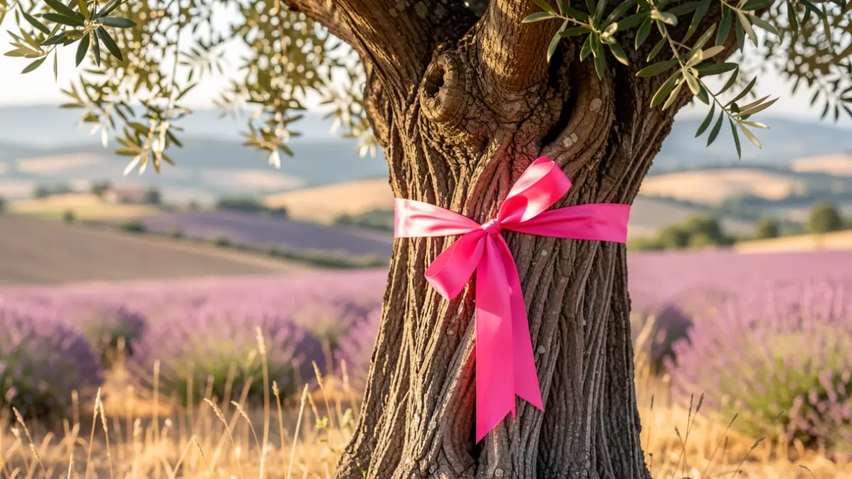 Image générique d'un ruban rose autour d'un olivier dans le sud de la France.