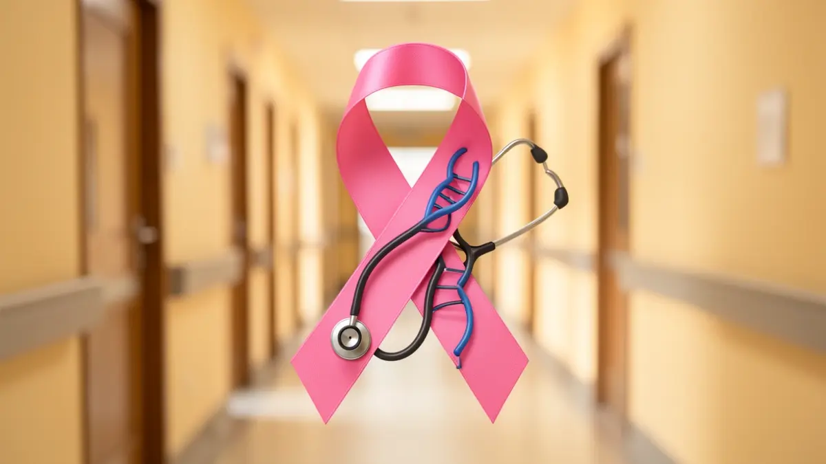 Pink Ribbon symbol with medical elements on a blurred hospital background.