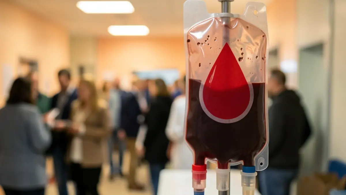 Goutte de sang rouge sur fond flou de matériel médical.