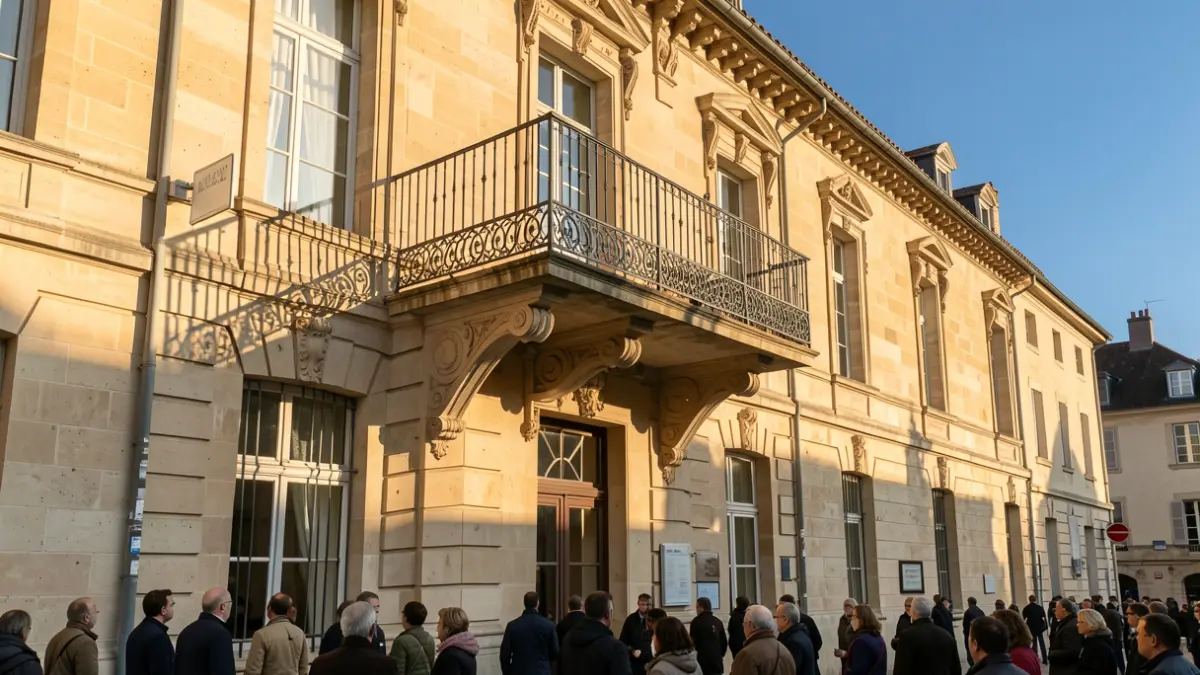 Generic image of a Provence-Alpes-Côte d'Azur town hall stone facade with an ornate balcony and iron railings, warm afternoon sunlight, blue sky.