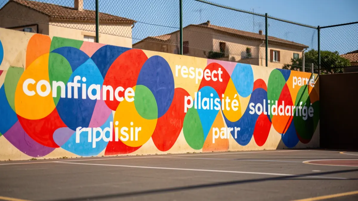 Image générique d'une fresque colorée sur le mur d'un terrain de sport urbain.