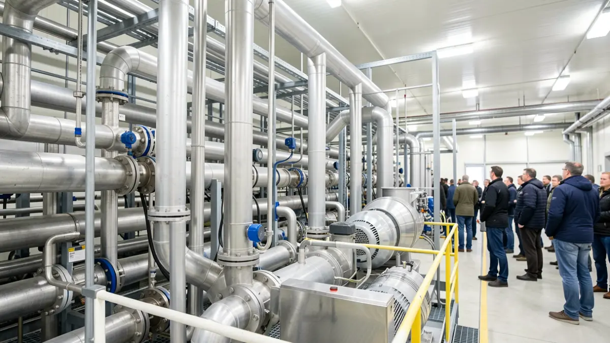 Image générique de tuyaux industriels et d'une centrifugeuse dans une station d'épuration.