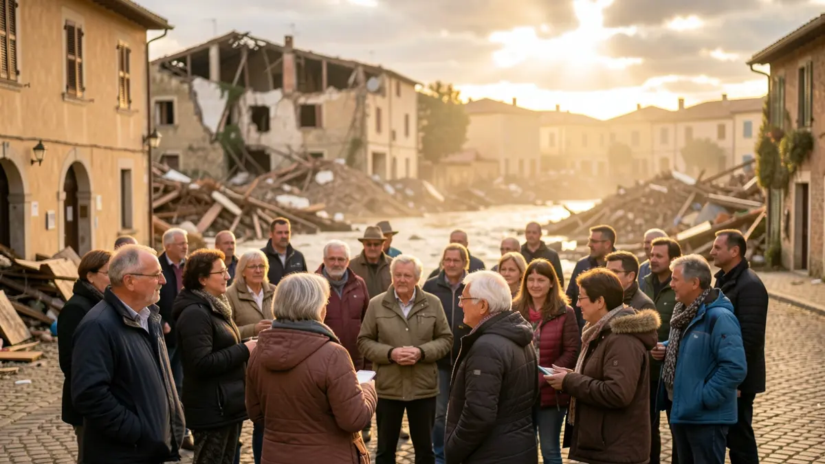 Generic image of volunteers gathering in a Provençal town after floods, symbolizing solidarity and mutual aid.