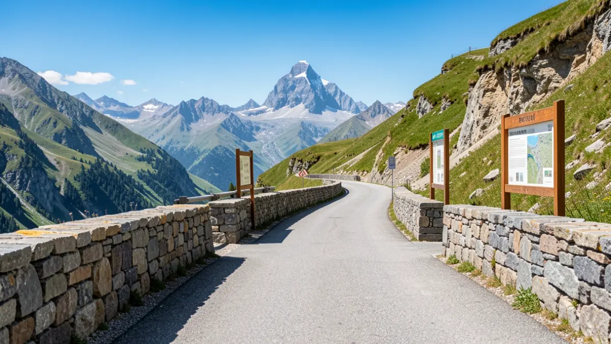 Panoramic view of a high mountain pass in the French Alps, with stone walls, larch wood furniture, and informational signs. A winding road leads towards a distant peak under a clear blue sky. Mediterranean light.