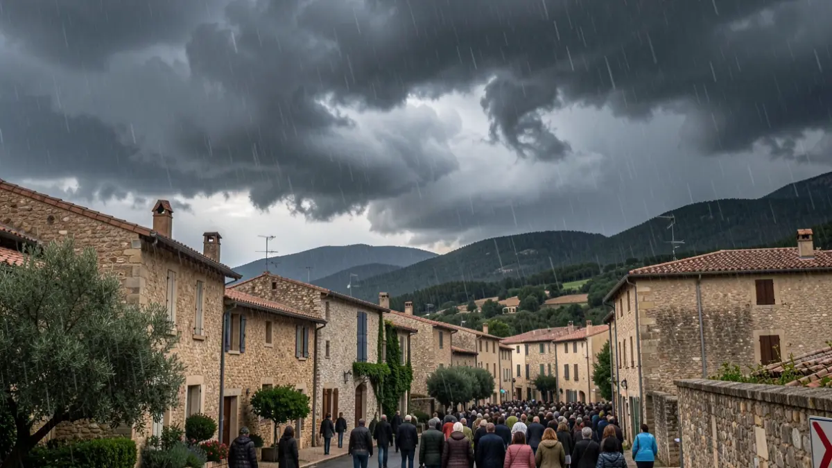 Generic image of storm clouds gathering over a Mediterranean village with stone houses and heavy rain.