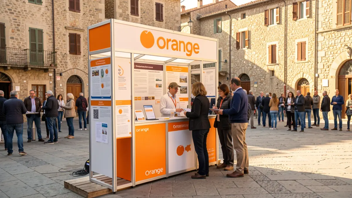 Orange stand at the town hall square in La Motte, offering information about fiber optics.