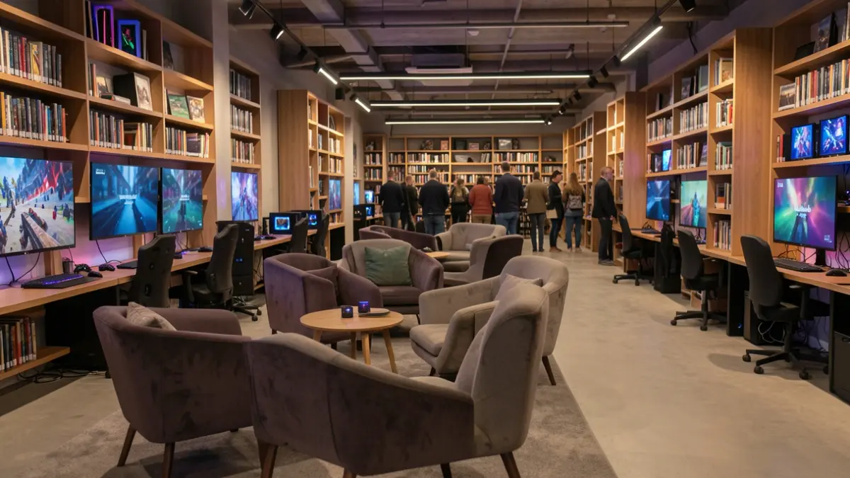 Generic image of a library's gaming space with consoles and seating.