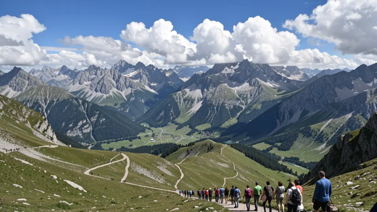 Vue panoramique du Parc national des Écrins dans les Alpes françaises, avec des sommets montagneux escarpés, des vallées verdoyantes et un sentier de randonnée sinueux, sous un ciel bleu clair avec des nuages spectaculaires. La scène évoque un sentiment d'immensité et de beauté naturelle, typique de la région. Style photographie documentaire.