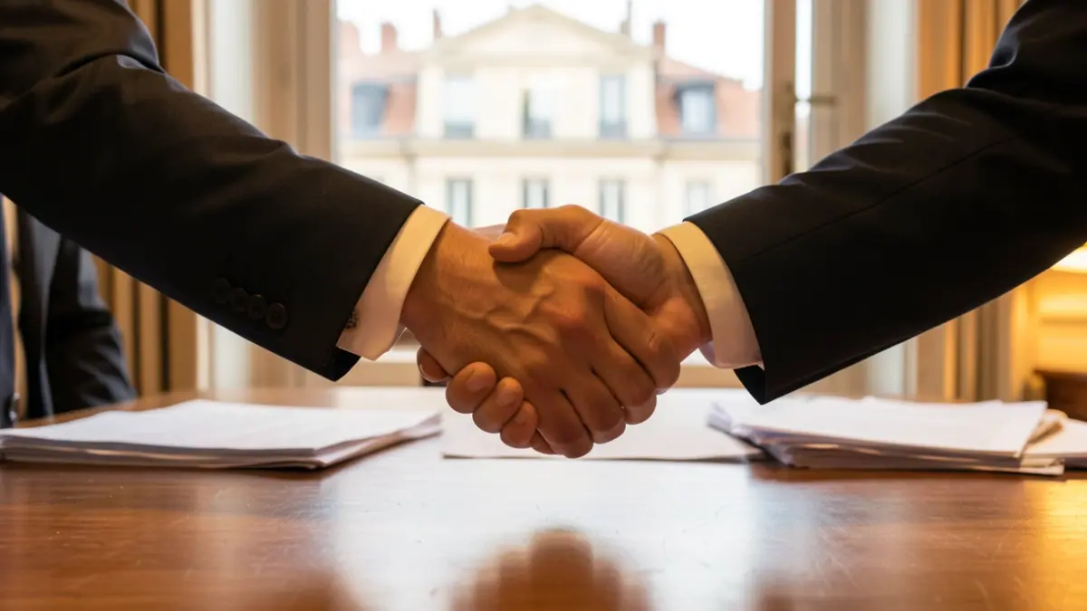 Generic image of two hands shaking over a desk with documents, in a bright office with a window showing a Provençal-style building.
