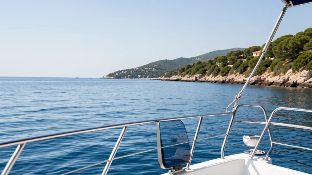 View of the Gulf of Saint-Tropez from a boat, highlighting the natural beauty of the Mediterranean coastline.