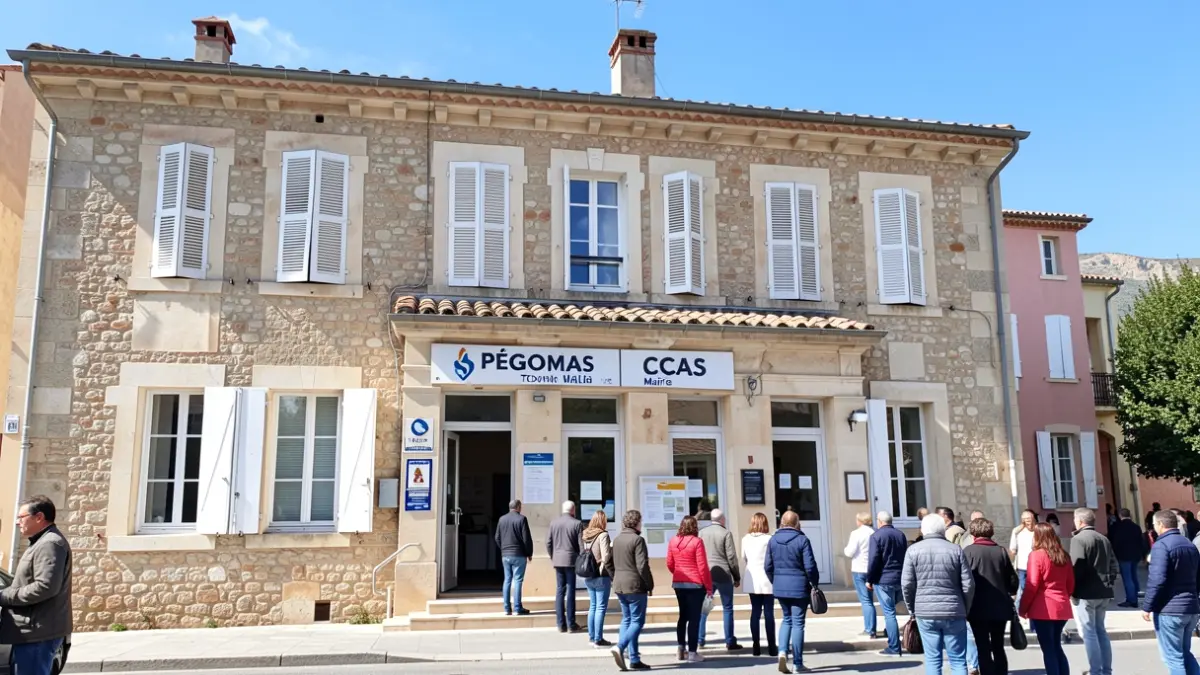 Facade of the Pégomas town hall and CCAS under a blue Mediterranean sky.