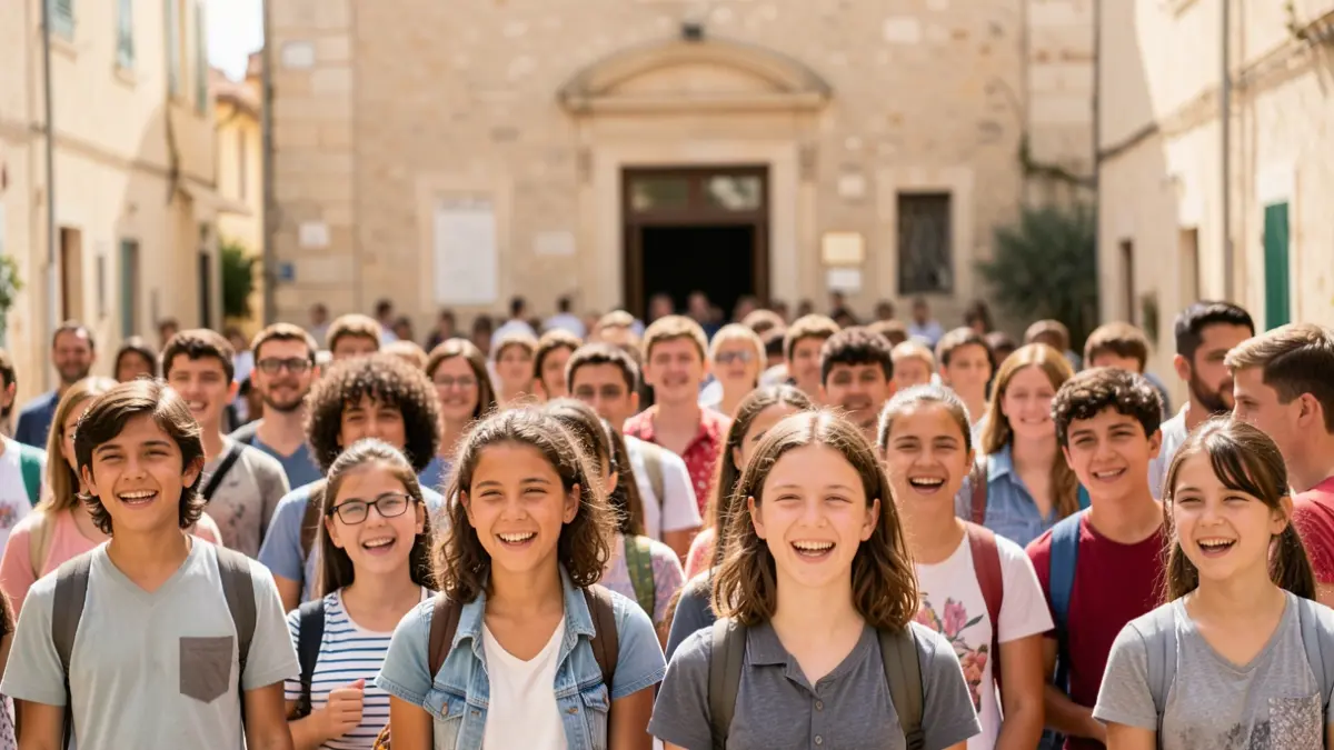 Generic image of smiling young people in front of a sunny municipal building.