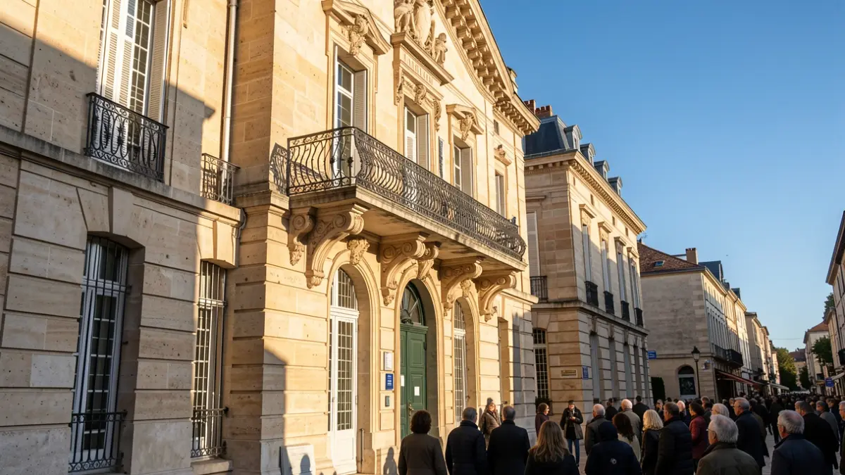 Generic image of a Provence-Alpes-Côte d'Azur town hall stone facade with an ornate balcony and iron railings, warm afternoon sunlight casting shadows on the sandstone walls, blue sky.