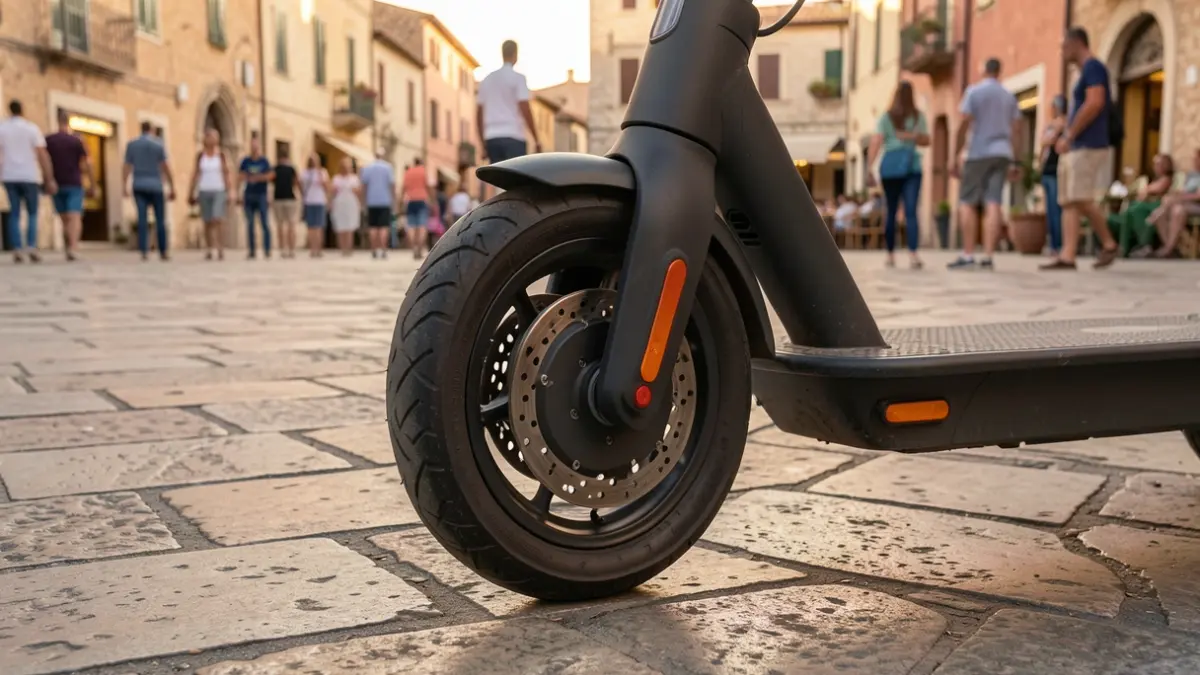 Image générique d'une roue de trottinette électrique garée sur un trottoir en pierre dans une ville méditerranéenne, lumière du soir.