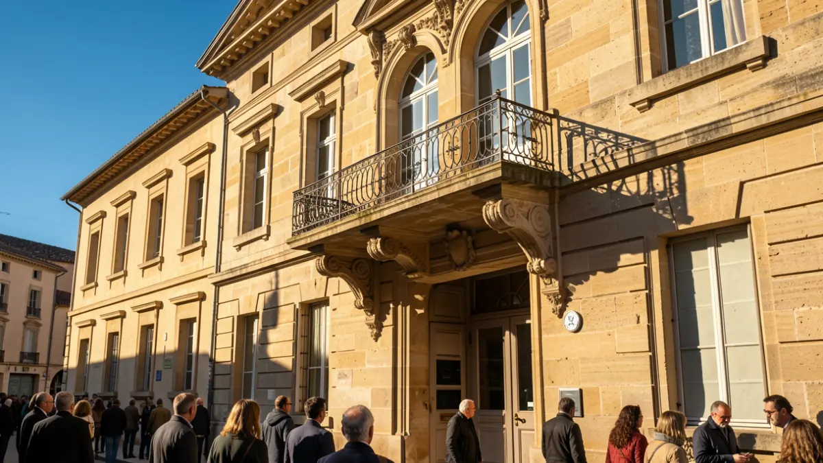 Generic image of the stone facade of an official building in Southern France, featuring an ornate balcony and afternoon sun casting shadows.