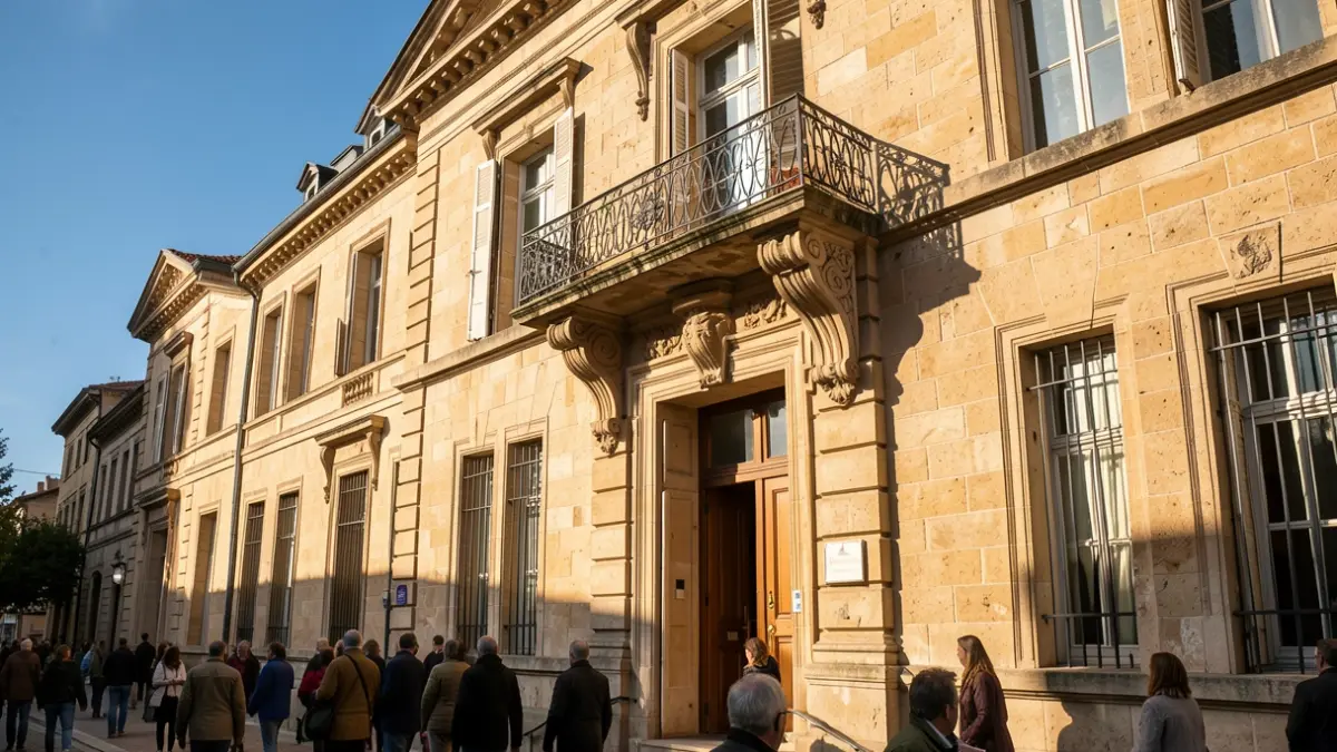 Generic image of a stone town hall facade in Southern France, with an ornate balcony and warm late afternoon light.