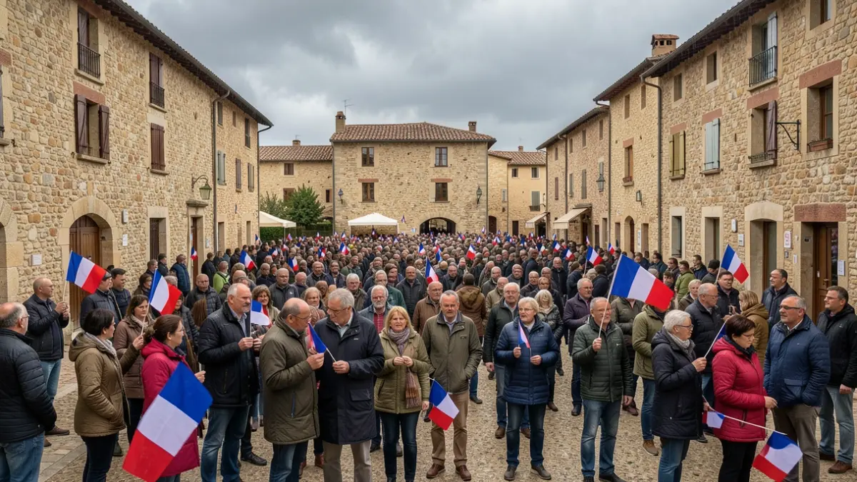 Generic image of a united crowd in a Provençal village under the rain, symbolizing a republican gathering.