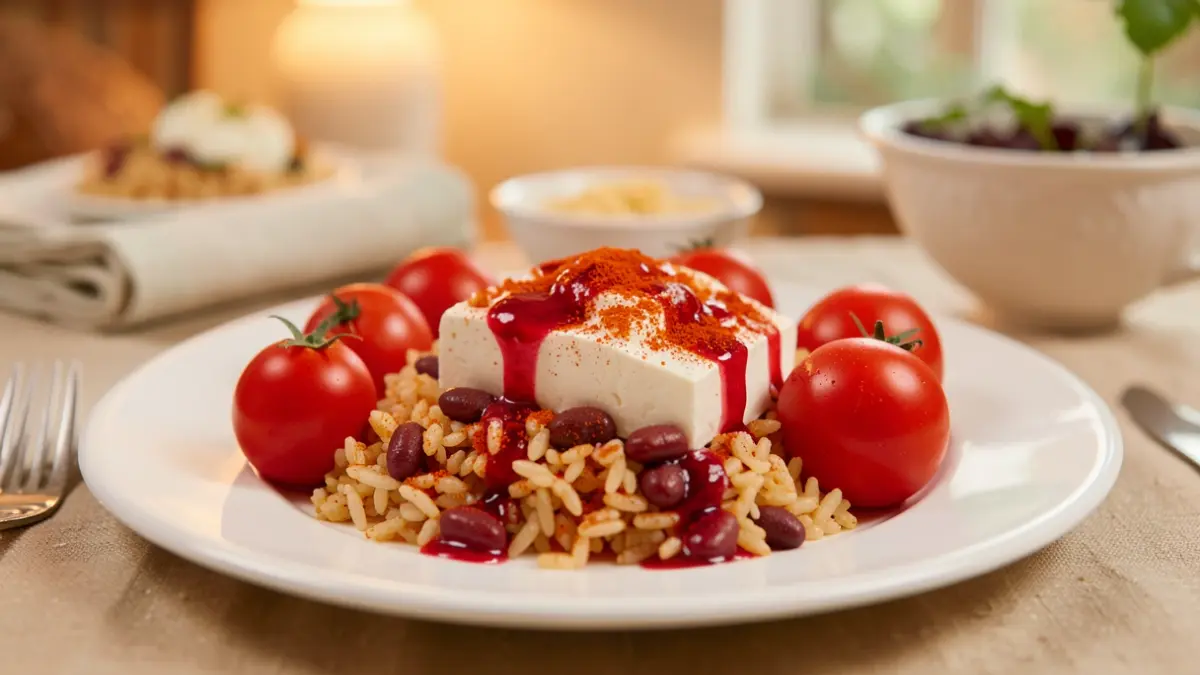 Generic image of various colorful and appetizing dishes, highlighting red ingredients like tomatoes and fruits, served on attractive plates.