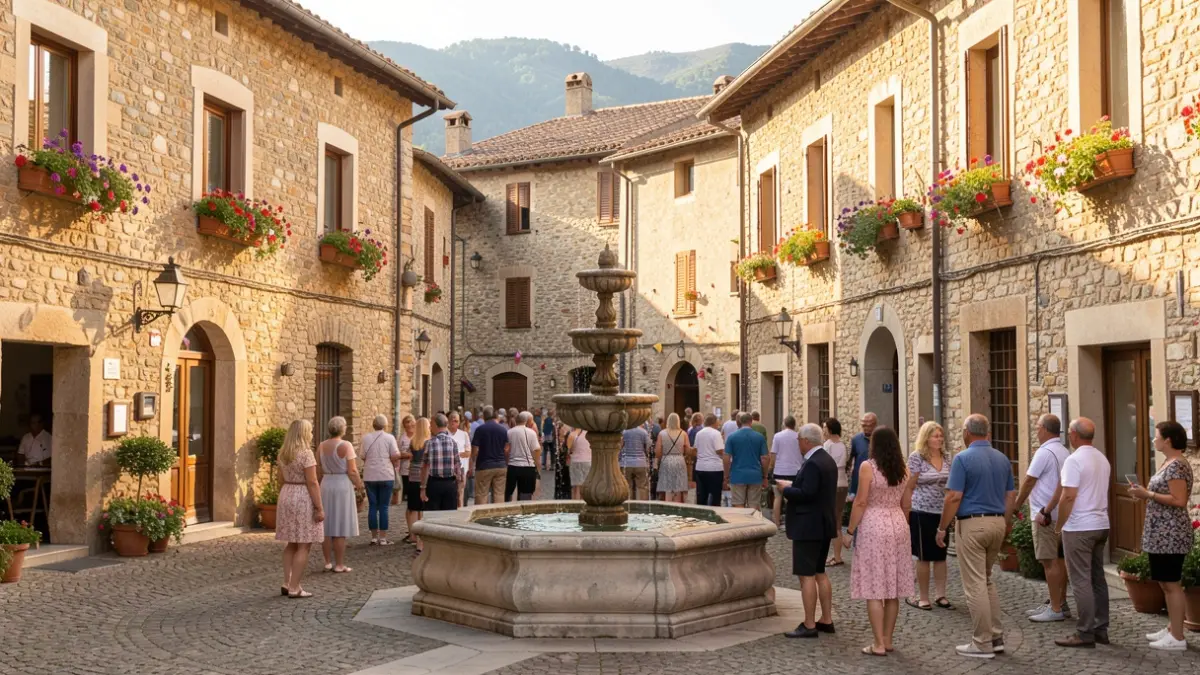 Generic image of a sunny Provençal village square with stone buildings and flowers.