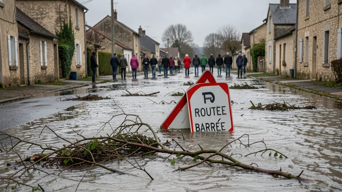 Generic image of a flooded road in a French village with a "Road closed" sign partially submerged under a grey sky.