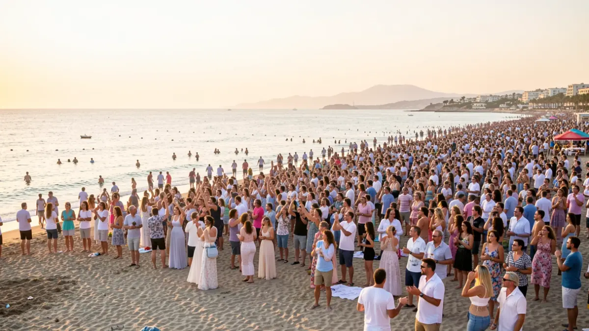 Generic image of a lively Mediterranean beach at sunrise, with a crowd on the sand and the sea in the background.