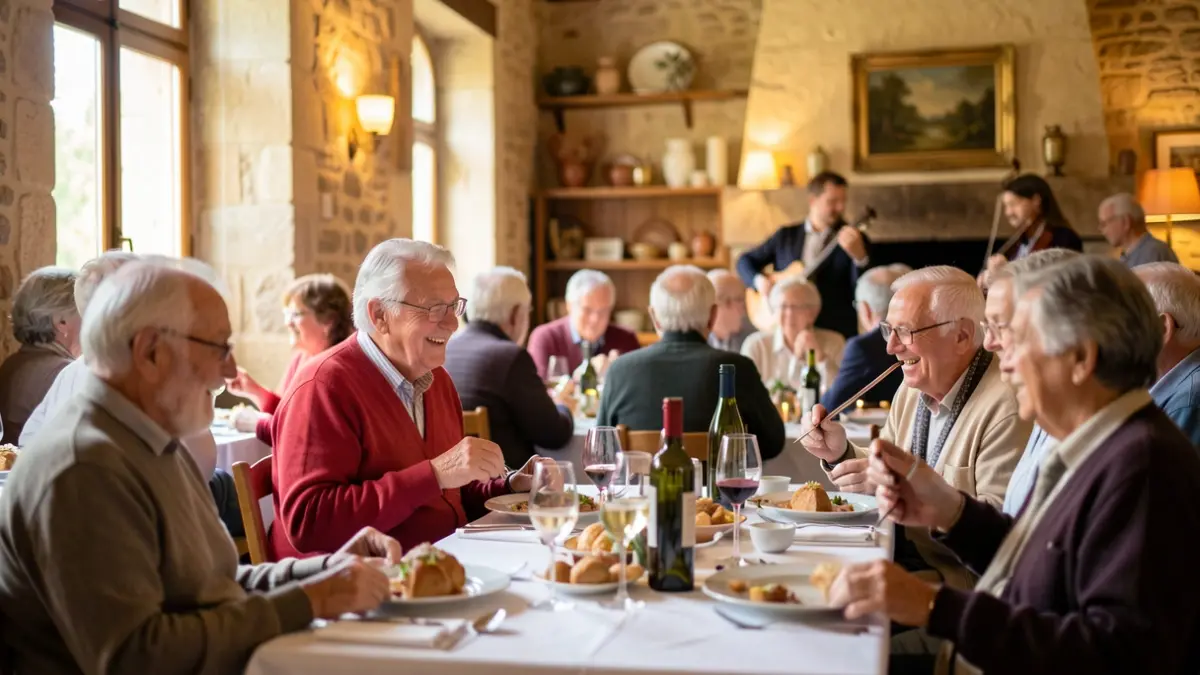 Generic image of a senior citizens' celebration in a community hall in Provence.