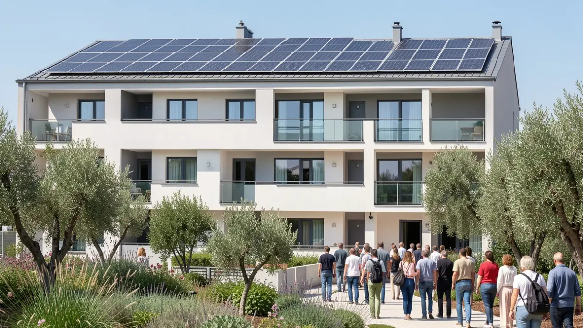 Image générique d'une façade de bâtiment moderne avec des panneaux solaires et de la végétation méditerranéenne.