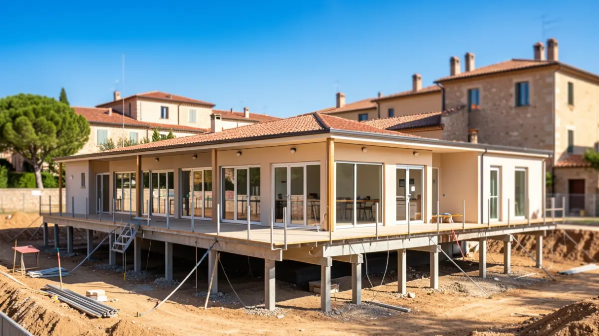 Construction site of a new elevated school cafeteria to protect against flooding, with Mediterranean architecture in the background.