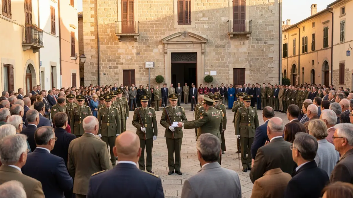 Generic image of an official military command handover ceremony in a Mediterranean town square, with a stone town hall facade in the background, under the afternoon sun.