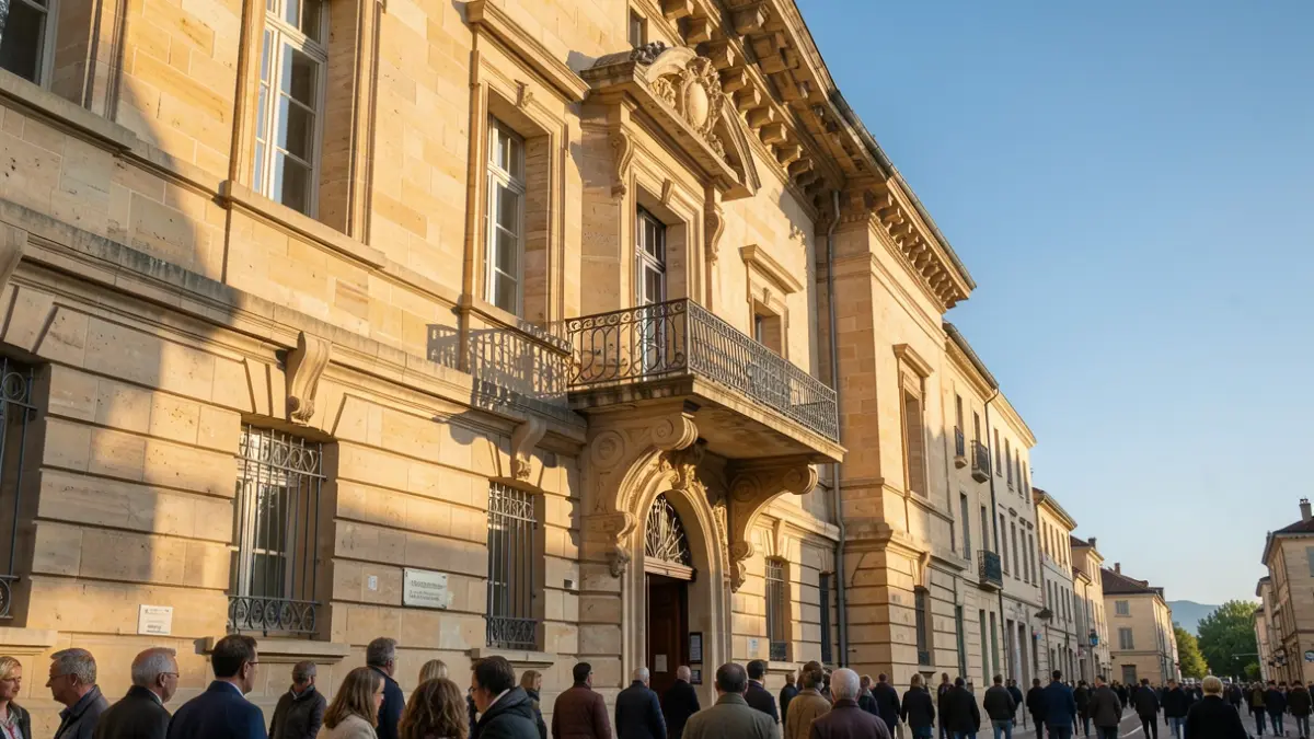 Façade en pierre d'un hôtel de ville de Provence-Alpes-Côte d'Azur avec balcon orné et rambardes en fer forgé, lumière chaude de l'après-midi.