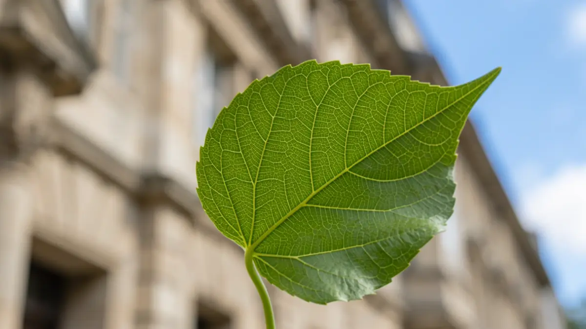 Generic image of a stylized green leaf on a stone and blue sky background.