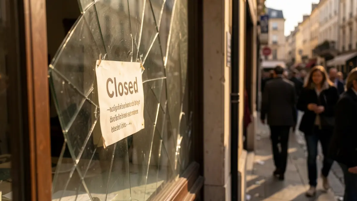 Image générique de vitrine de magasin endommagée avec des débris de verre, symbolisant la nécessité de reconstruction.