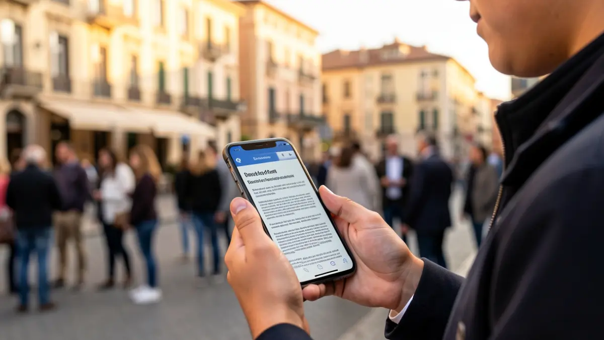 Image générique de mains tenant un smartphone affichant un rapport, avec des bâtiments flous en arrière-plan.