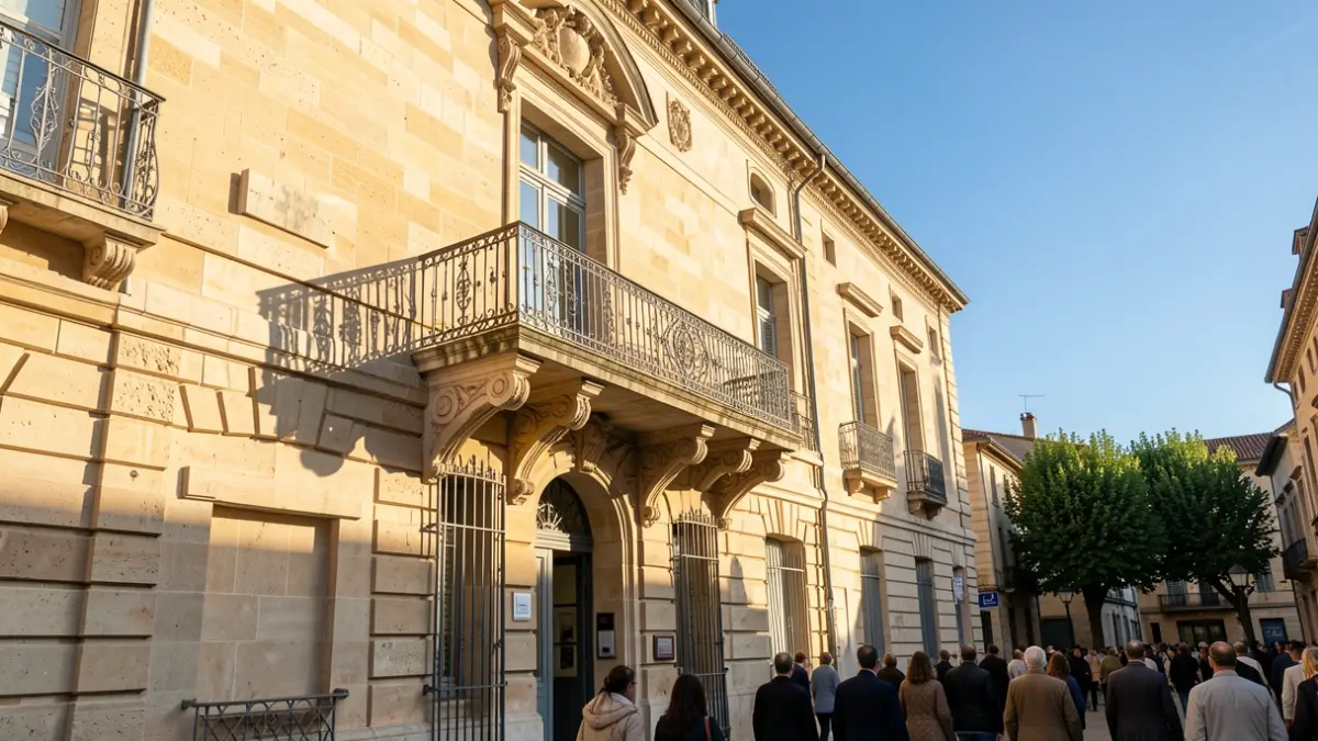 Image générique de la façade d'un hôtel de ville en pierre de Provence avec balcon orné et rambardes en fer forgé, lumière chaude de l'après-midi, ciel bleu.