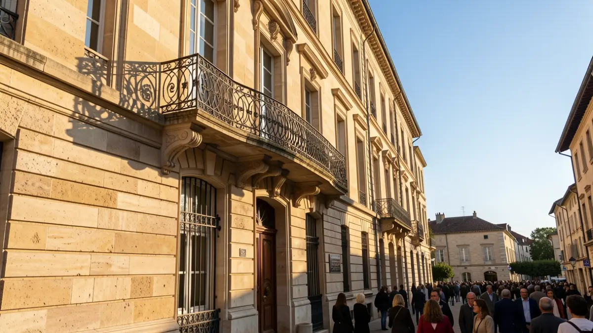 Generic image of a stone town hall facade in Southern France, featuring an ornate balcony and iron railings, under warm afternoon sunlight.