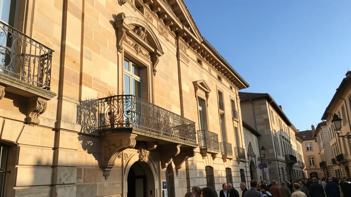 Image générique de la façade d'un hôtel de ville en pierre de style provençal, avec un balcon orné et des barreaux en fer forgé, sous un soleil d'après-midi.