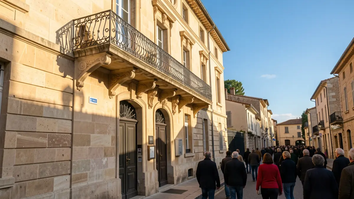 Image générique de la façade en pierre d'un hôtel de ville de Provence-Alpes-Côte d'Azur avec un balcon orné et des balustrades en fer forgé, lumière chaude de l'après-midi sur les murs en grès, ciel bleu.