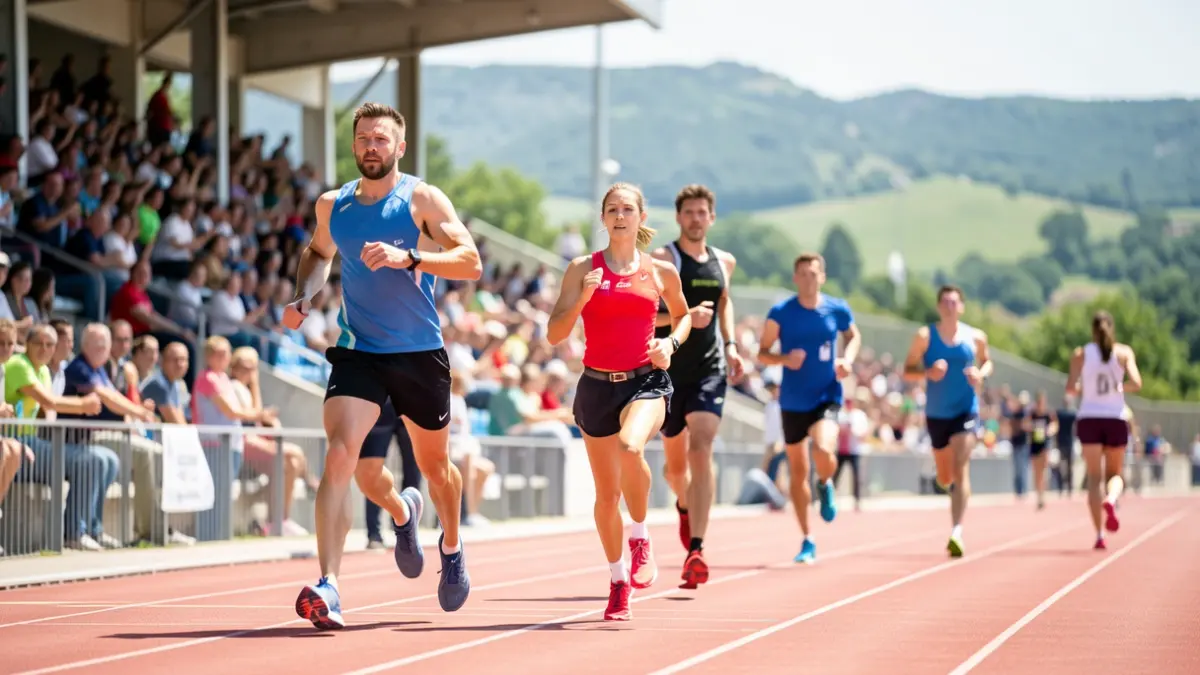 Generic image of athletic walking on a track, with athletes in motion and a blurred stadium in the background.